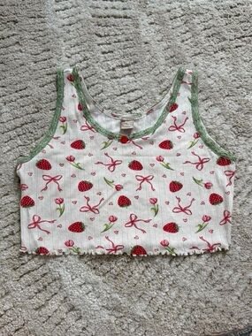 White Strawberry Print Cropped Tank with Green Trim